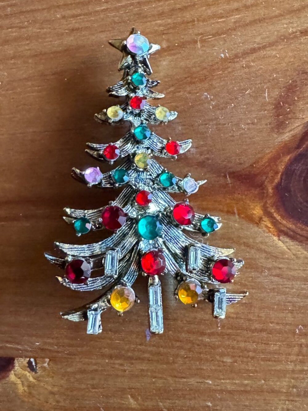 Vintage Hollycraft Brass tone Multicolor Rhinestone Christmas Tree Brooch